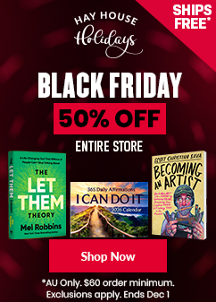 Hay House Holidays Black Friday banner promoting 50% off the entire store with free shipping. Features books including 'The Let Them Theory' by Mel Robbins, 'I Can Do It 2026 Calendar', and 'Becoming an Artist'. Red and black theme with bold white text, a red 'Shop Now' button, and 'Ships Free' badge. Offer valid in the AU with $60 minimum. Ends December 1.