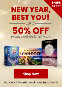 Hay House New Year Sale promotional banner featuring books and card decks. Text reads: ‘New Year, Best You! Up to 50% Off books, card decks & more.’ Includes images of the Healing Inner Child Oracle, I Can Do It 2026 Calendar, and Moonology Diary 2025. Ships Free. Ends Dec 31. AU Only. $60 order minimum.